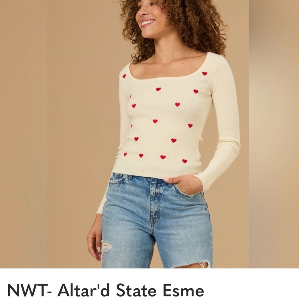 Altar'd State Cream Top with Red Heart Accents